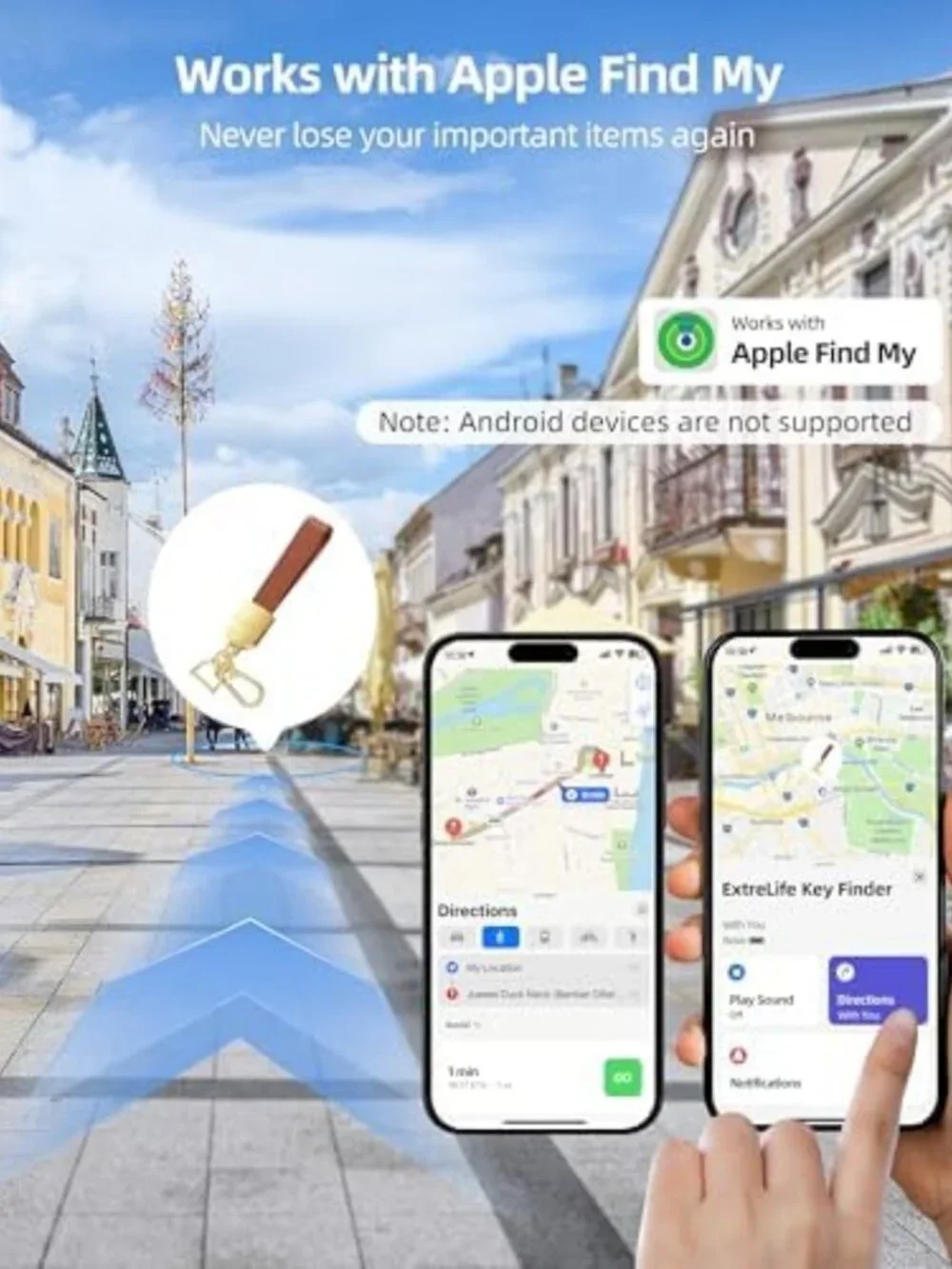Leather Keychain with GPS Tracker, Compatible with Apple Find My, Smart Key